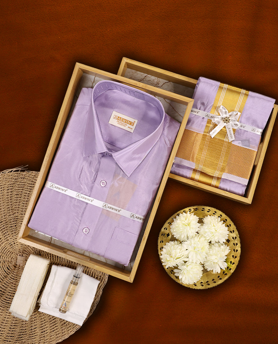 Violet colour Aswin’s wedding set featuring a premium silk finish full sleeve shirt, paired with a matching dhoti accented with elegant golden zari work, ideal for festive and wedding occasions