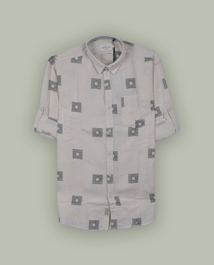 Off white colour shirt adorned with minimal black geometric square prints, Features a classic collar, full sleeves, and a front pocket & perfect for a relaxed yet refined casual look.
