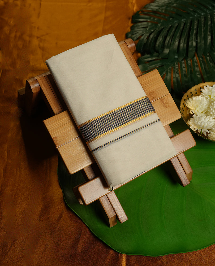 Cream Colour Pure Cotton double Dhoti with Gray and gold Colour Border for Men