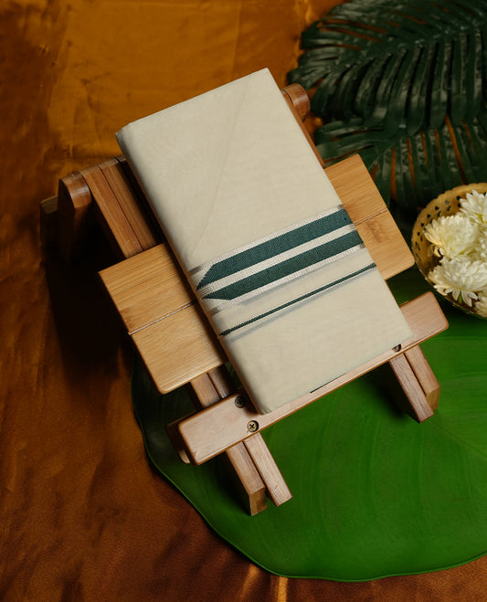 Cream Colour Pure Cotton double Dhoti with Green and silver Colour designer Border for Men