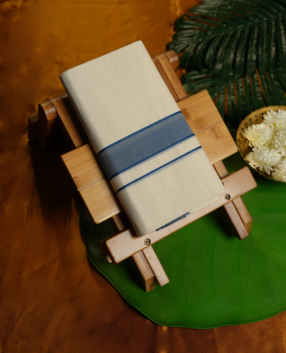 Cream Colour Pure Cotton double Dhoti with Dark Blue Colour Border for Men