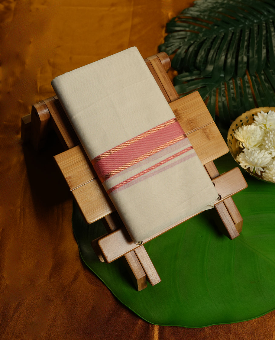 Cream Colour Pure Cotton double Dhoti with Pink and Copper Colour Border for Men