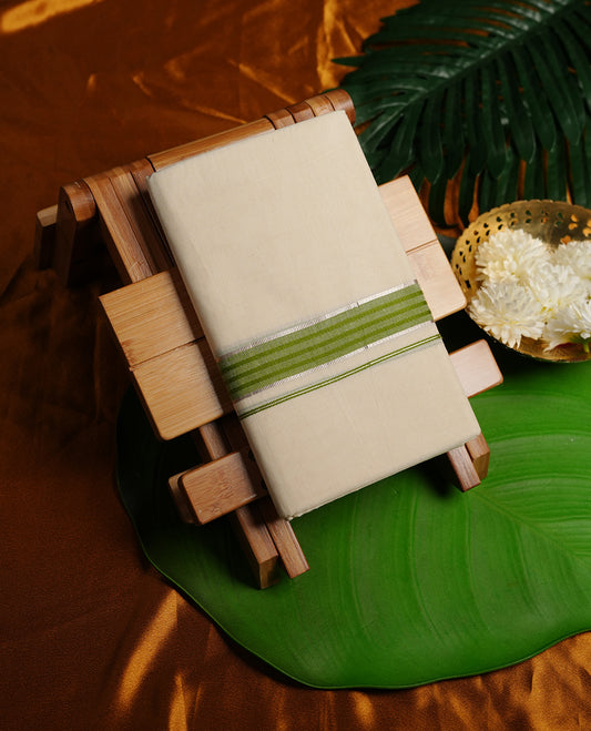 Cream colour cotton double dhoti featuring green colour border with light gold zari border