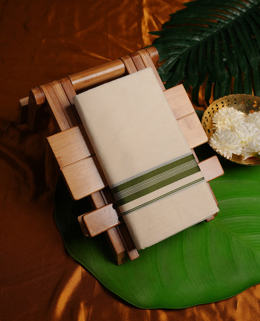 Cream colour cotton double dhoti featuring olive green colour border