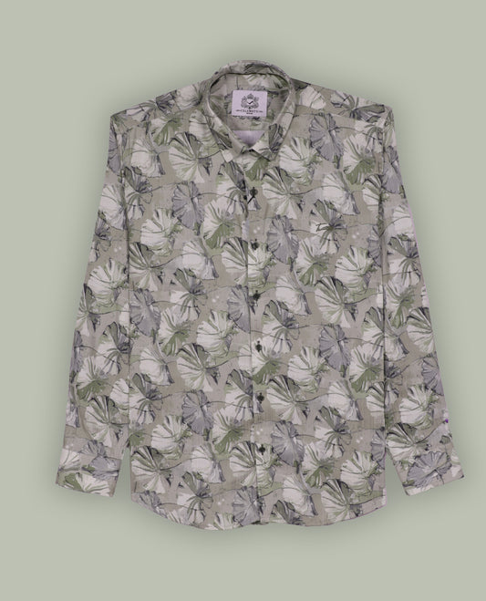 Beige colour shirt adorned with soft green & cream colour floral prints, Designed with a classic collar and full sleeves, this timeless piece offers a crisp and casual look, perfect for both work and weekend wear.