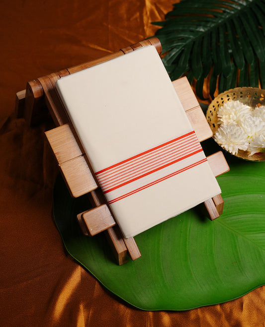 Cream colour MCR cotton single dhoti featuring orange colour simple border