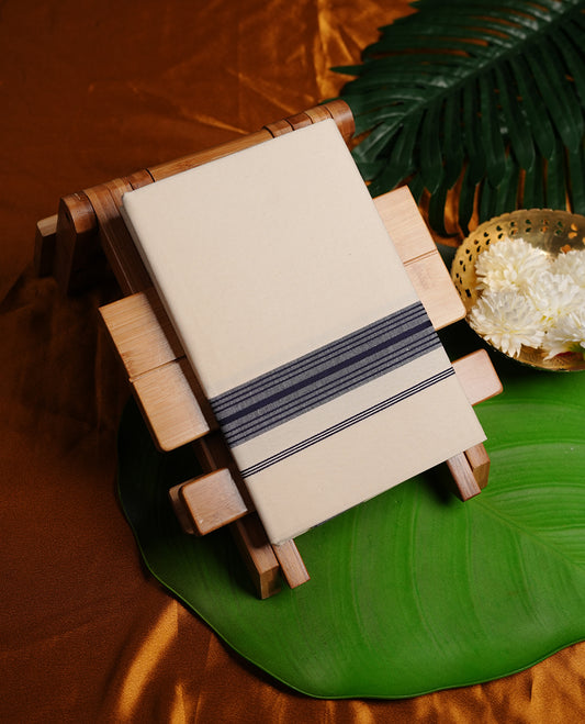 Cream colour RAMRAJ cotton single dhoti featuring navy blue colour border