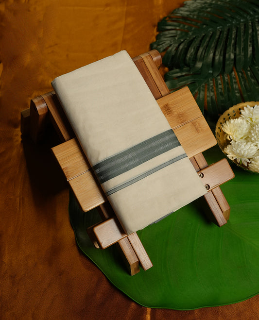 Cream Colour Pure Cotton double Dhoti with Dark Green Colour Border for Men