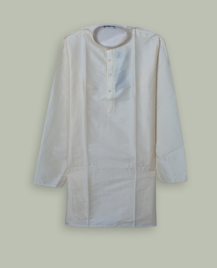 Cream colour mens kurta featuring elegant embroidery on the neckline & Crafted in a refined style with full sleeves, offering a perfect blend of tradition.
