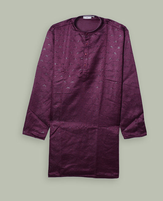 Burgundy colour mens kurta featuring elegant self colour embroidery across body & Crafted in a refined style with full sleeves, offering a perfect blend of tradition.