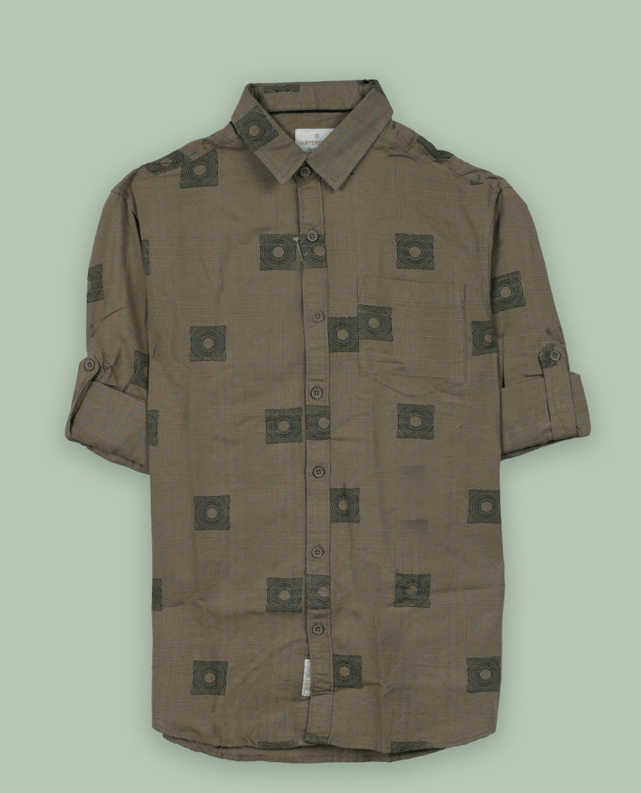 Pastel brown colour shirt featuring a modern geometric square print and subtle grid texture, Designed with full sleeves and a chest pocket & its ideal for both casual days and laid back evenings.
