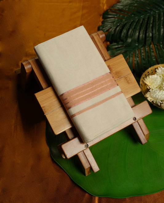 Cream Colour Pure Cotton double Dhoti with sandal and copper Colour Border for Men