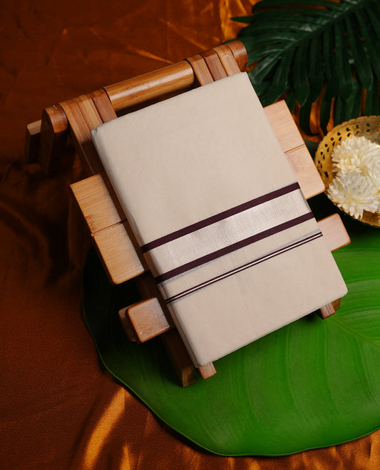 Cream colour cotton double dhoti featuring brown and silver colour border
