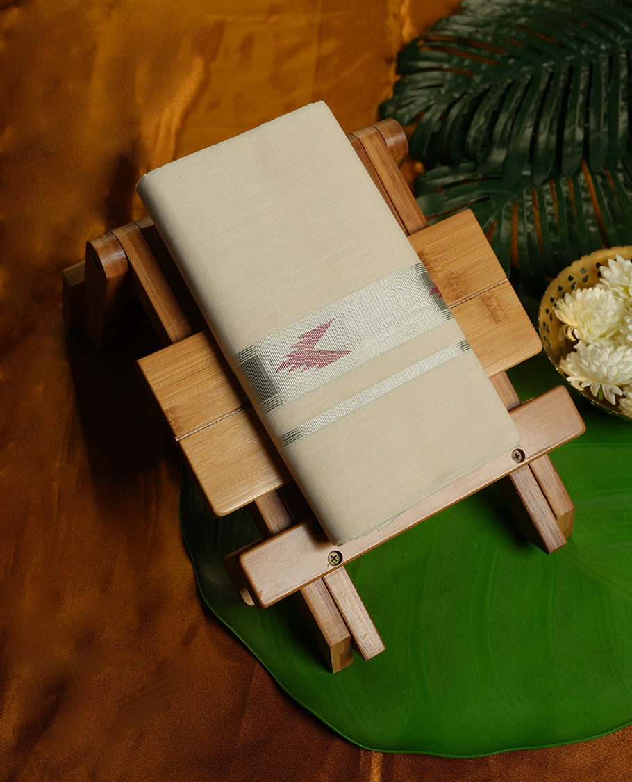 Cream Colour Pure Cotton double Dhoti with Silver and red Colour desgin Border for Men