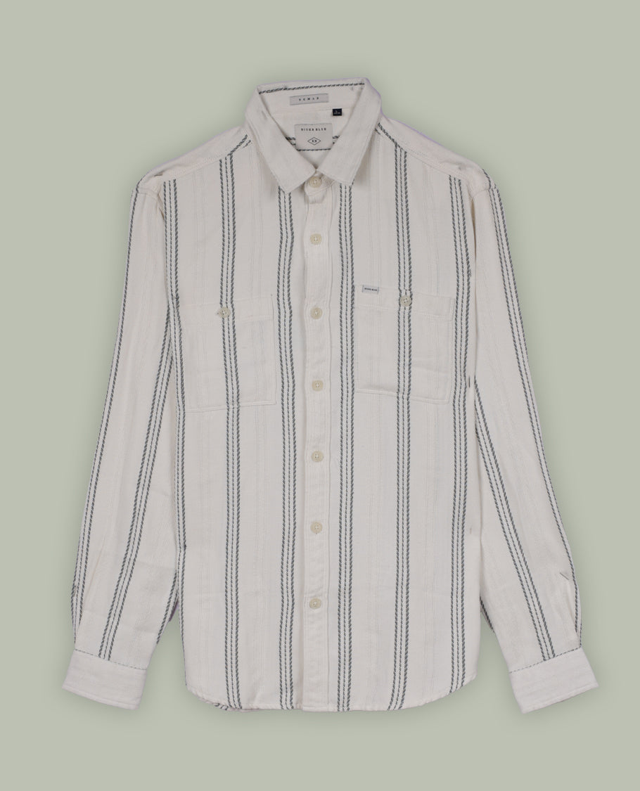 Cream colour shirt with pastel green vertical stripes, crafted in soft cotton for all day comfort, Featuring full sleeves, dual chest pockets, and a classic collar, it delivers a bold yet timeless casual style.