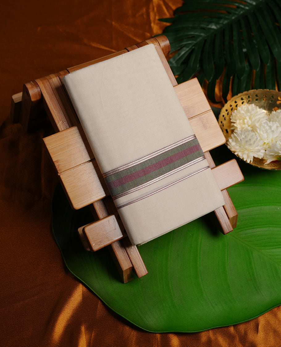 Cream colour cotton double dhoti featuring olive and maroon colour border with gold zari border