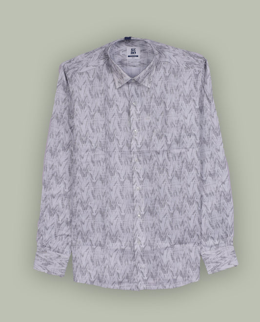 Off white colour shirt shirt featuring a grey printed  subtle zigzag pattern, classic spread collar, and full sleeves, Crafted from soft, breathable fabric for all day comfort.