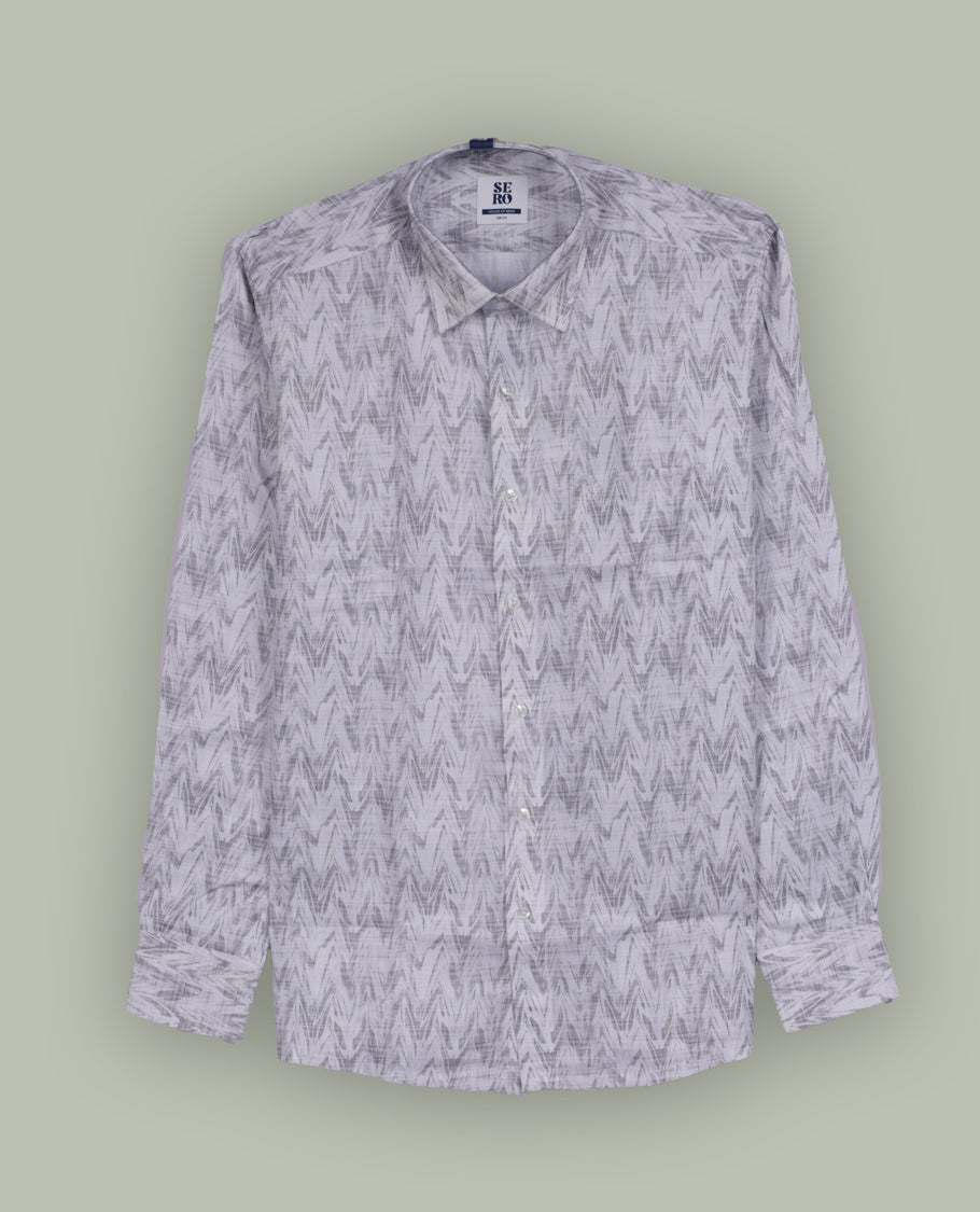 Off white colour shirt shirt featuring a grey printed  subtle zigzag pattern, classic spread collar, and full sleeves, Crafted from soft, breathable fabric for all day comfort.