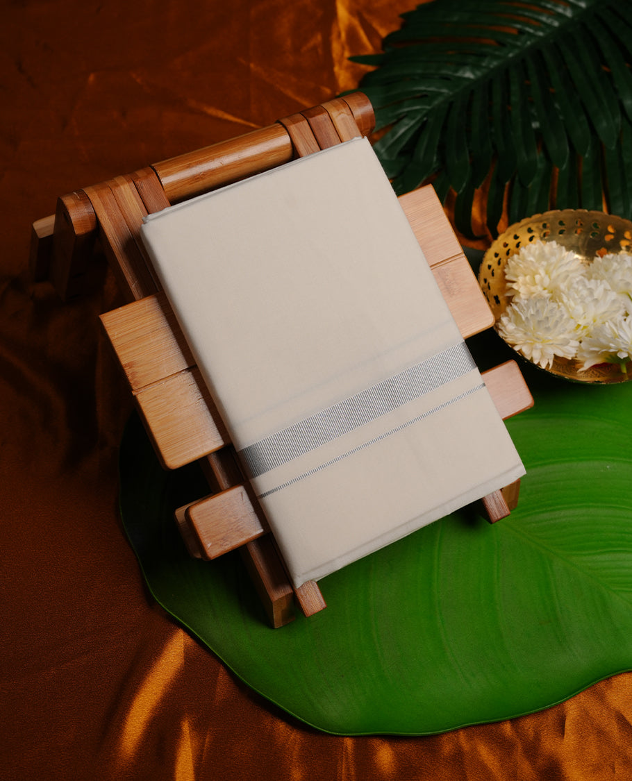 Cream colour Ramsons cotton single dhoti featuring silver kasavu zari border