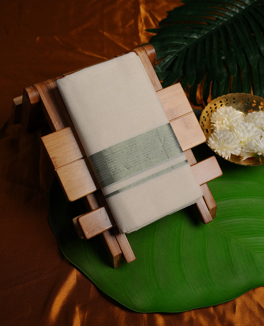 Cream colour cotton double dhoti featuring silver green border