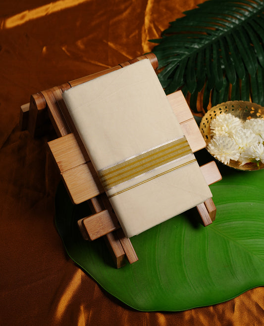 Cream colour cotton double dhoti featuring olive colour border with light gold zari border