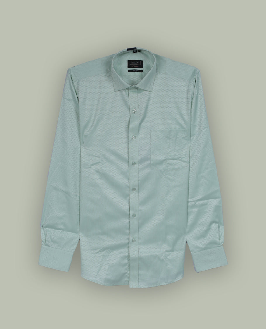 Light mint green colour shirt with subtle self pattern detailing, Features a classic collar and full sleeves with broad cuffs & Designed with a front pocket and button-down closure, offering a crisp and elegant formal look.