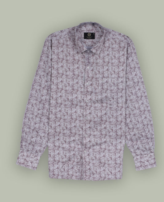 Soft mauve colour full sleeve shirt featuring an all over abstract geometric print for a modern, stylish appeal, Designed with a classic collar and button down front, perfect for smart casual outings.