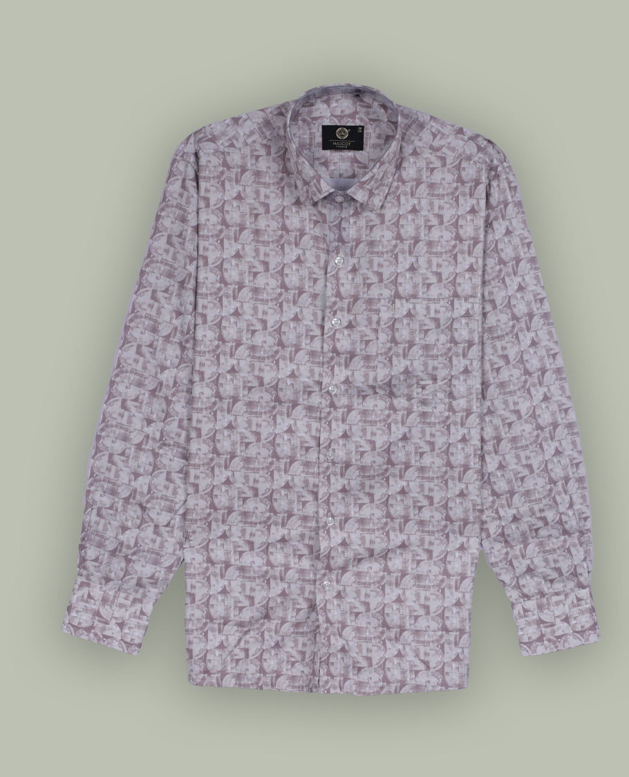 Soft mauve colour full sleeve shirt featuring an all over abstract geometric print for a modern, stylish appeal, Designed with a classic collar and button down front, perfect for smart casual outings.