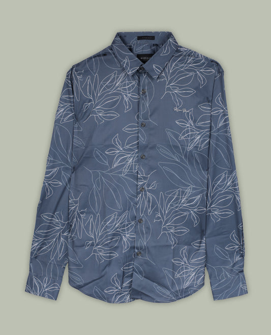 Grey colour shirt adorned with elegant white colour floral prints, Designed with a classic collar and full sleeves, this timeless piece offers a crisp and casual look, perfect for both work and weekend wear.