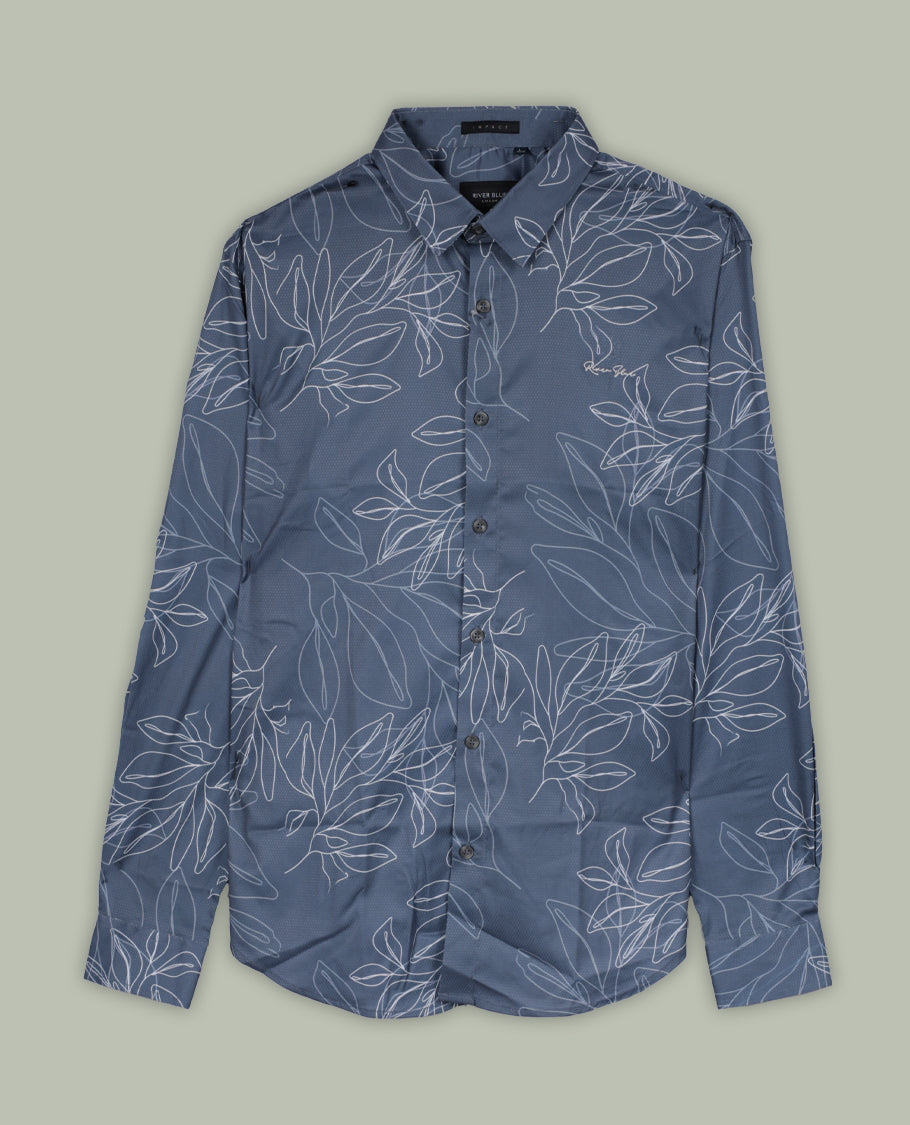 Grey colour shirt adorned with elegant white colour floral prints, Designed with a classic collar and full sleeves, this timeless piece offers a crisp and casual look, perfect for both work and weekend wear.