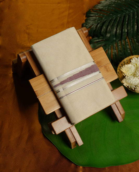 Cream Colour Pure Cotton double Dhoti with Dark red and silver Colour desgin Border for Men