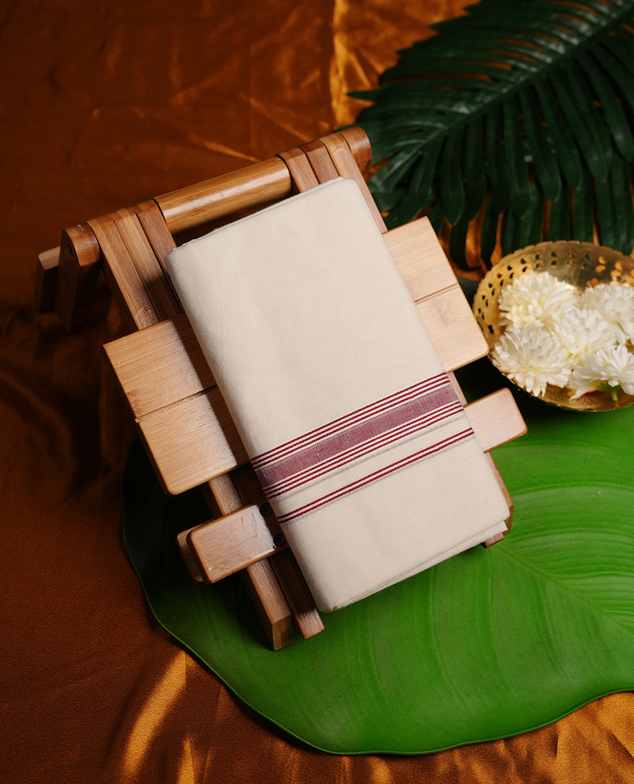 Cream colour cotton double dhoti featuring brick red colour border