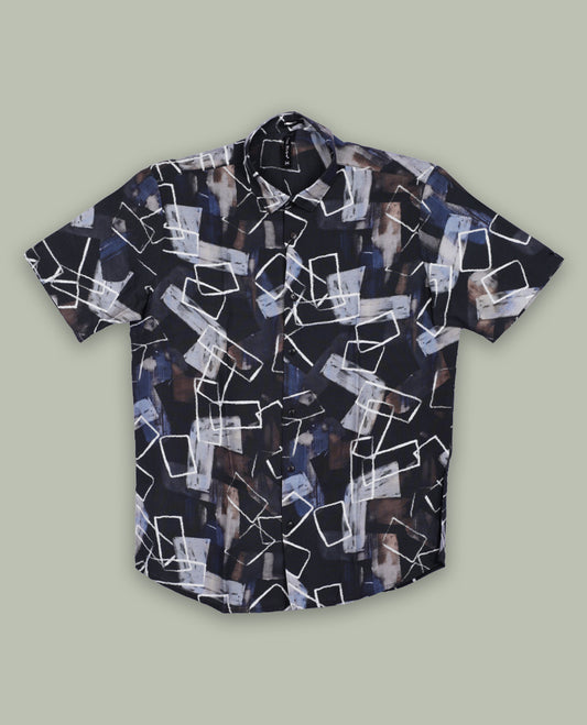Deep green colour shirt features an abstract geometric print in white, grey, brown, and blue tones & Designed with short sleeves and a button down front,it blends contemporary style with subtle detailing.