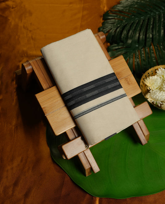 Cream Colour Pure Cotton double Dhoti with Black and Ash Colour Border for Men