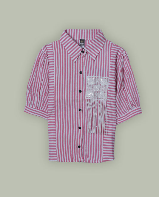 Pink & white colour shirt top with decorative front button & stripped body, thread pattern and sleeve.