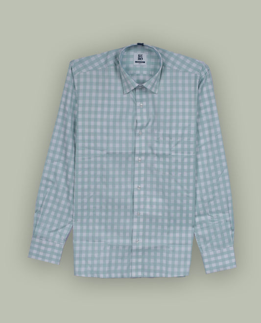 Mint green and white checkered long sleeve shirt made from lightweight cotton fabric & Features a classic collar, front button closure, and single chest pocket.