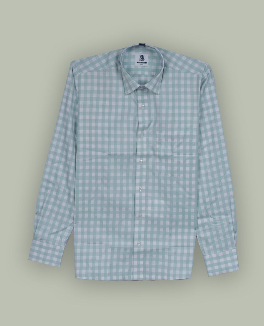 Mint green and white checkered long sleeve shirt made from lightweight cotton fabric & Features a classic collar, front button closure, and single chest pocket.