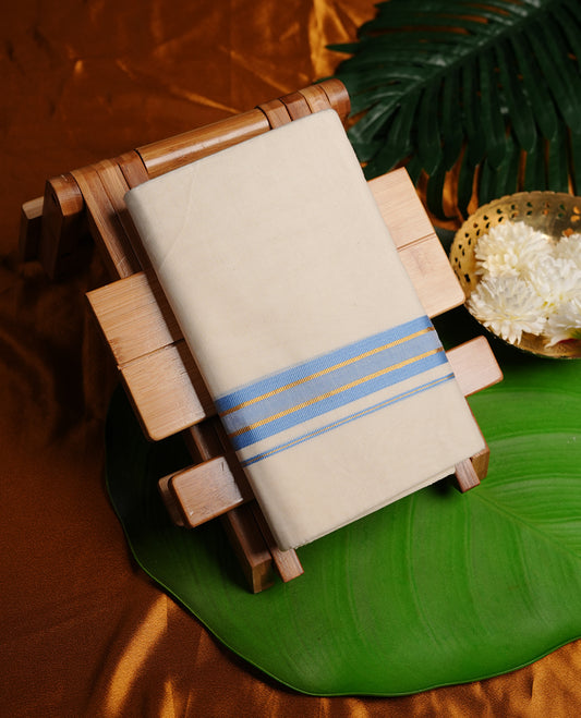 Cream colour cotton double dhoti featuring light blue colour border with gold zari border