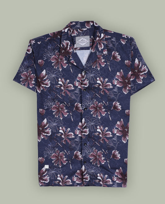 Dark grey colour shirt adorned with brown and white floral prints, featuring short sleeves and a classic collar, A stylish blend of elegance and comfort, perfect for casual and semi-formal wear.