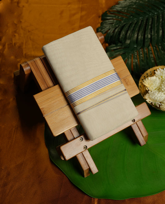 Cream Colour Pure Cotton double Dhoti with blue, rose gold and gold Colour Border for Men