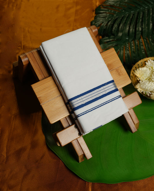 White Colour MCR Pure Cotton double Dhoti with Blue and silver Colour Border for Men