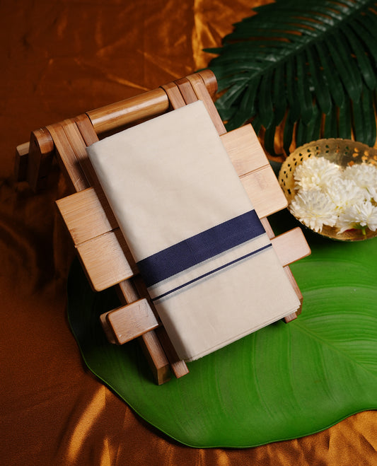 Cream colour double dhoti featuring dark blue colour zari border