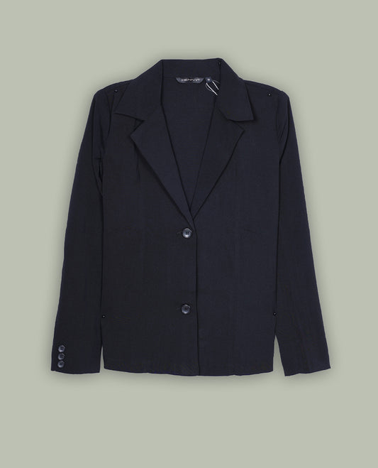 Black colour blazer featuring a notched lapel collar, button-front closure and flap pockets, finished with long sleeves and a tailored silhouette.