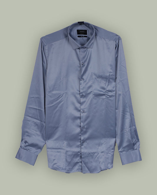 Pastel blue colour satin shirt with a smooth, lustrous finish. Features a classic collar, full sleeves with cuffs, and a front pocket & Perfect for evening wear or special occasions with a sleek, polished look.