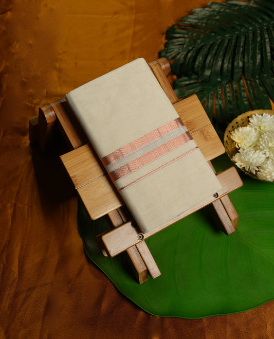 Cream Colour Pure Cotton double Dhoti with silver and copper Colour Border for Men