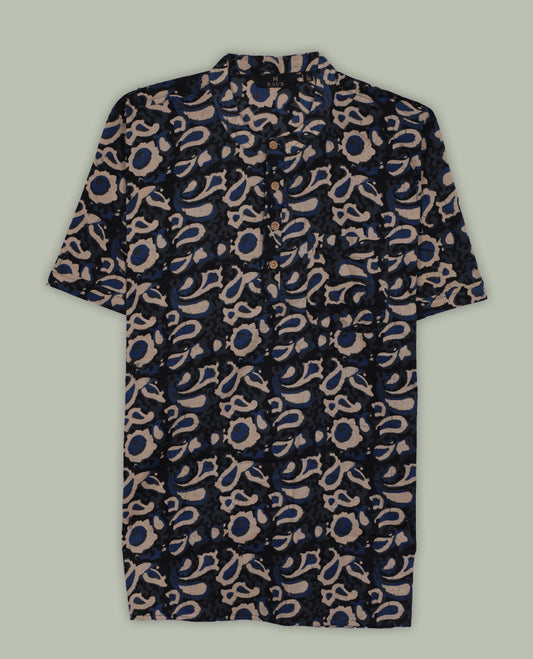 Black colour shirt with beige and blue abstract print, featuring a chinese collar & short sleeve , wooden buttons on a half placket & A perfect blend of comfort and style for casual or evening wear.