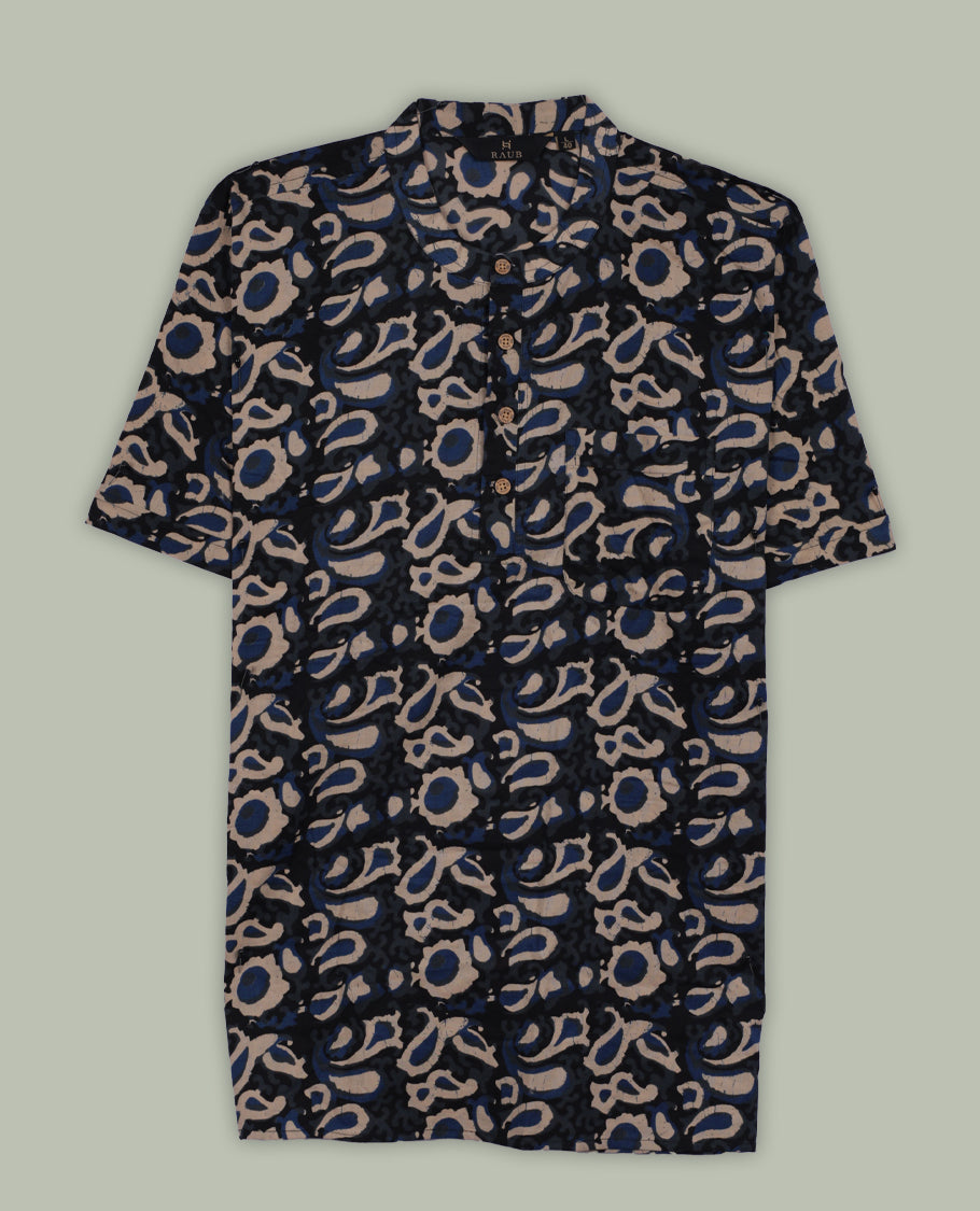 Black colour shirt with beige and blue abstract print, featuring a chinese collar & short sleeve , wooden buttons on a half placket & A perfect blend of comfort and style for casual or evening wear.