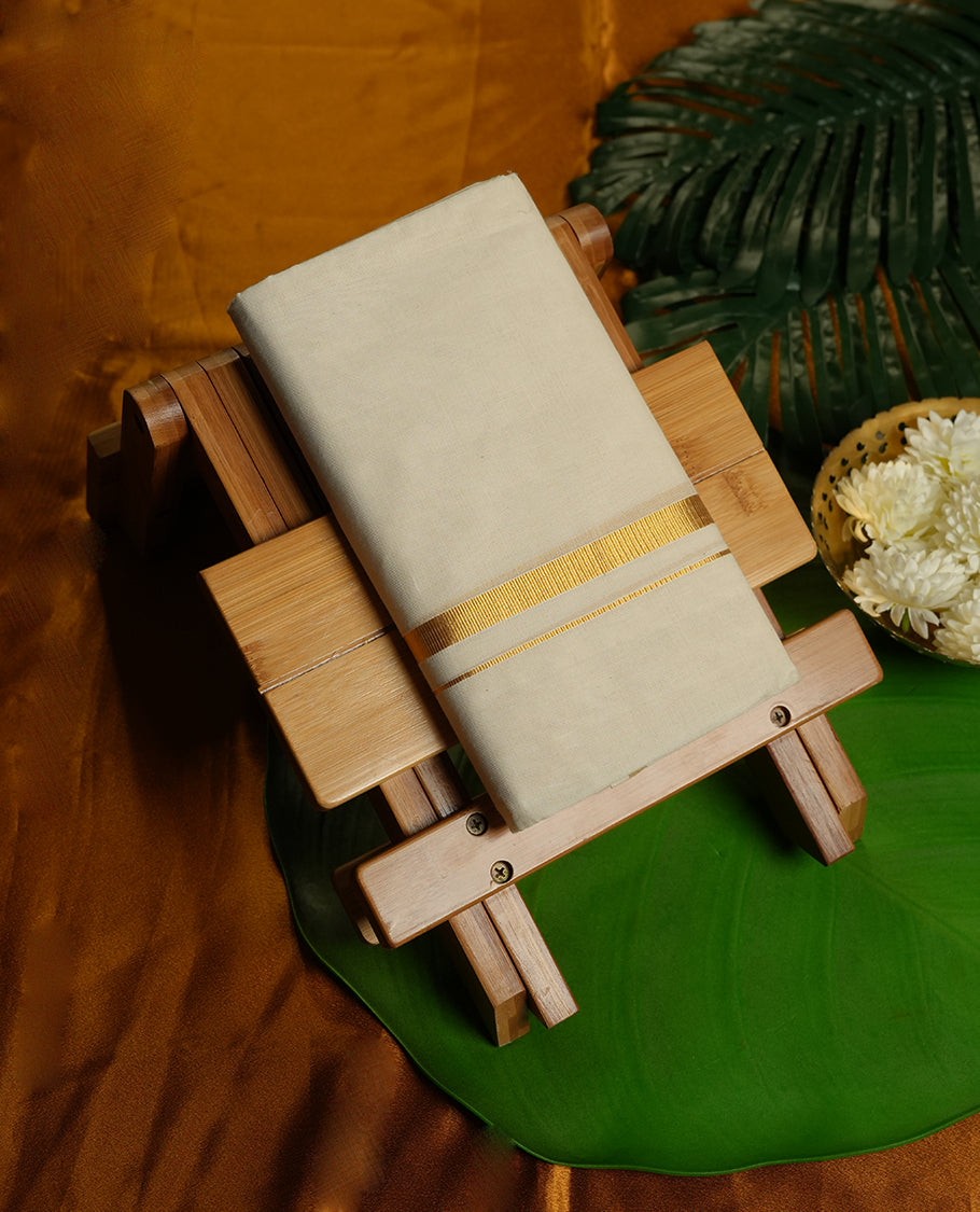 Cream Colour Pure Cotton double Dhoti with Gold Colour simple  Border for Men