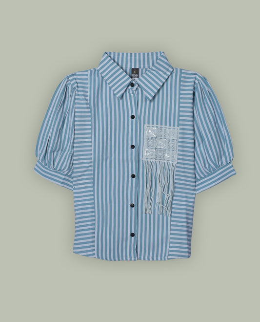 Blue & white colour shirt top with decorative front button & stripped body, thread pattern and sleeve.