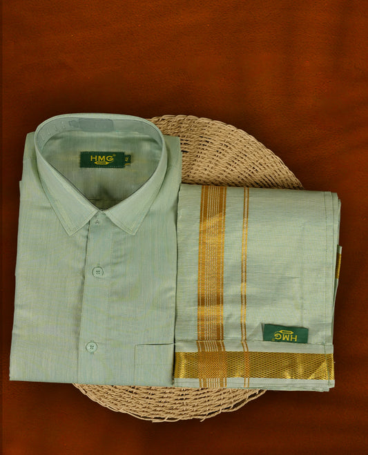 Pastel green colour shirt & matching dhoti set by HMG, featuring elegant gold zari borders, Perfect for traditional events, gifting & poojas.